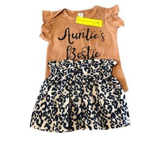 Shein "Auntie's Bestie" Tan Bodysuit Black Leopard Print Skirt Headband Sz 12-18